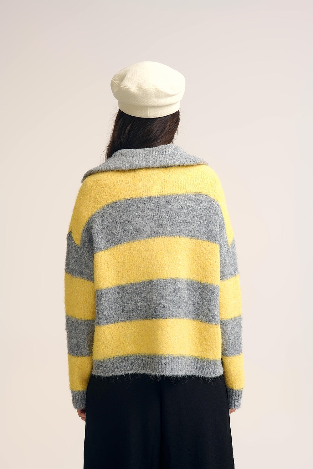 Yellow Fluffy Knitted Zip-Up Jacket with Gray Stripes - Sweaters