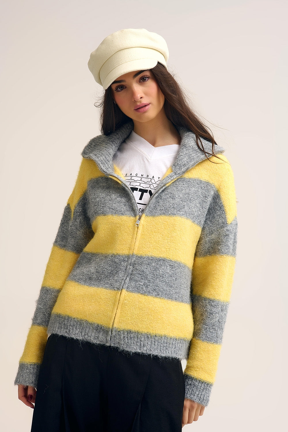 Yellow Fluffy Knitted Zip-Up Jacket with Gray Stripes - Sweaters