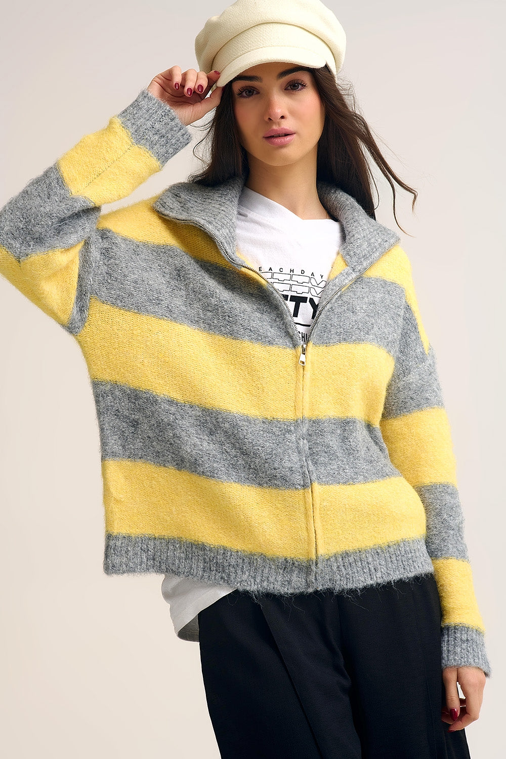 Yellow Fluffy Knitted Zip-Up Jacket with Gray Stripes - Sweaters