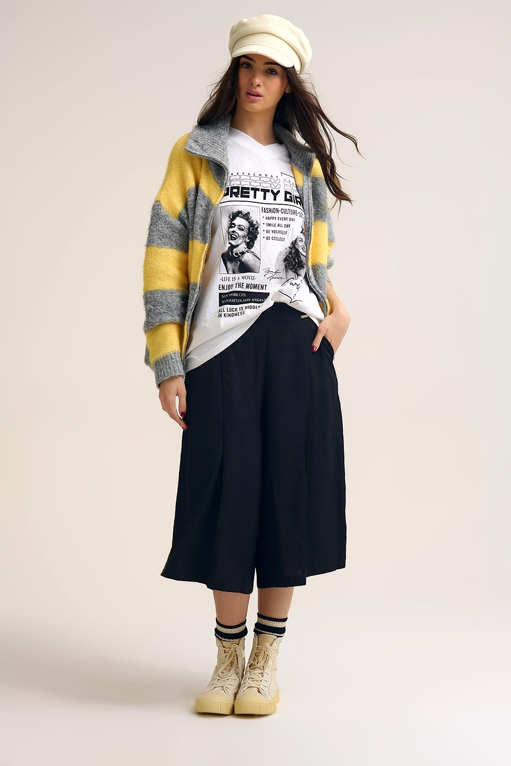 Yellow Fluffy Knitted Zip-Up Jacket with Gray Stripes - Sweaters