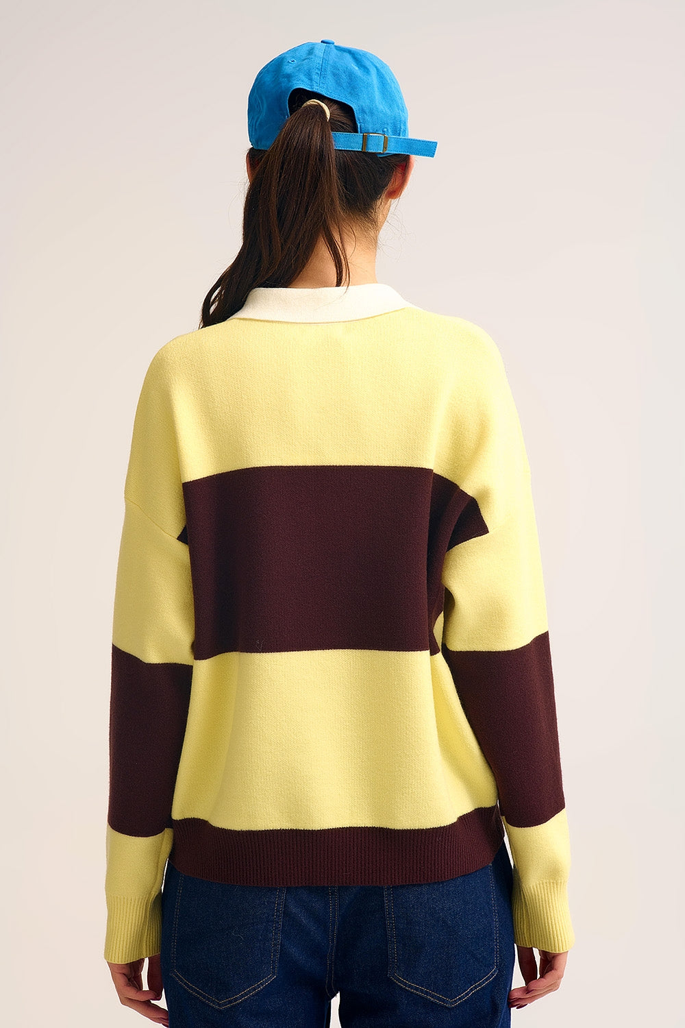 Yellow Knit Polo Sweater with Brown Stripes - Polos