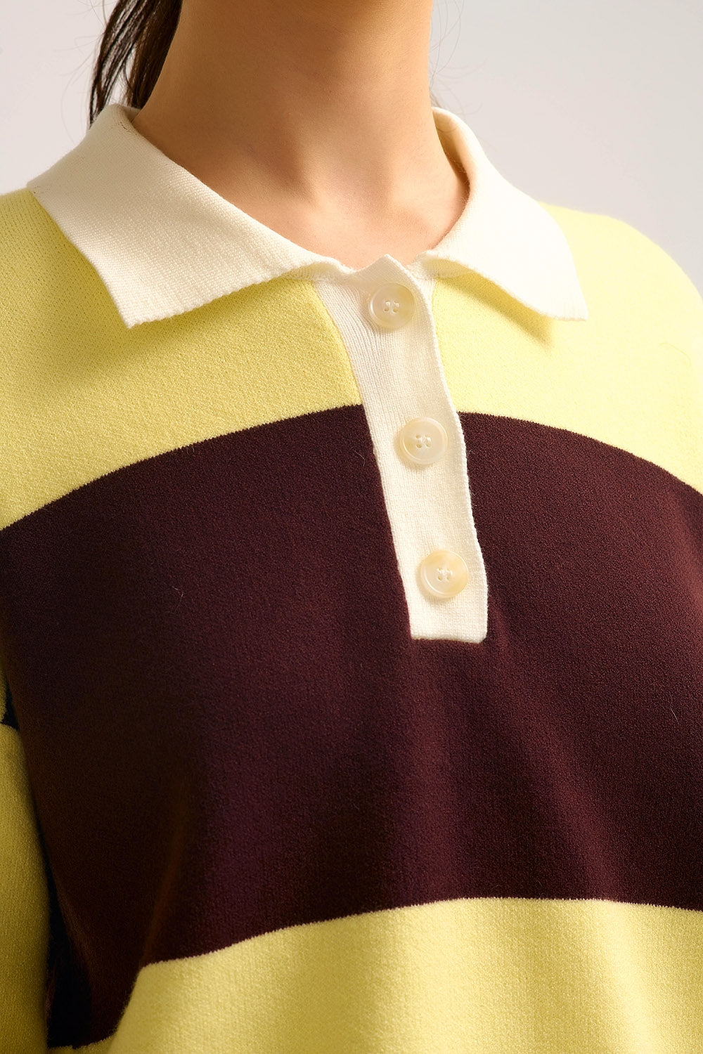 Yellow Knit Polo Sweater with Brown Stripes - Polos