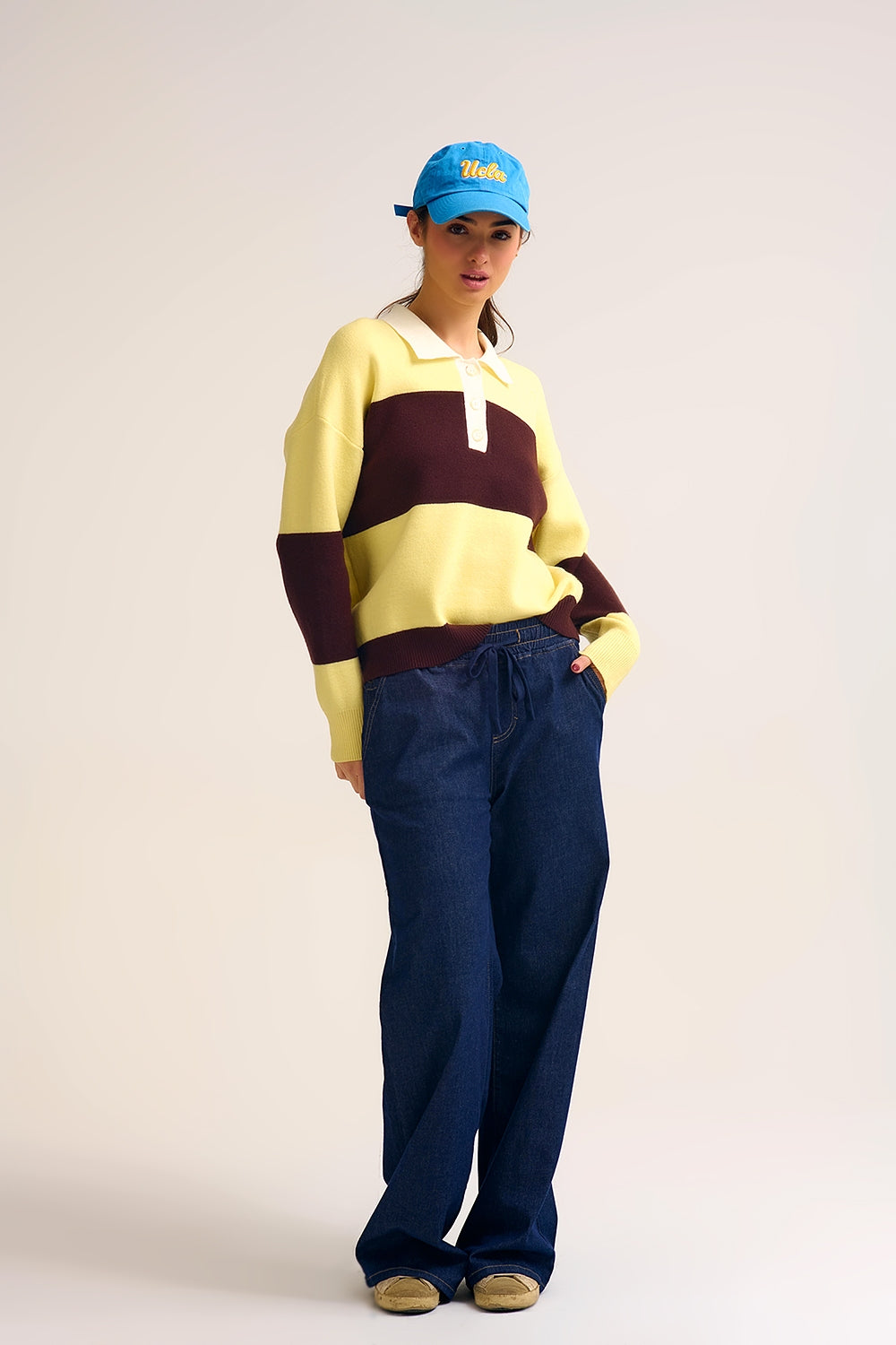 Yellow Knit Polo Sweater with Brown Stripes - Polos