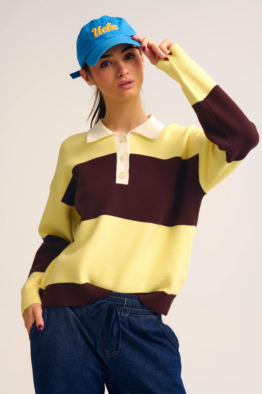 Yellow Knit Polo Sweater with Brown Stripes - Polos