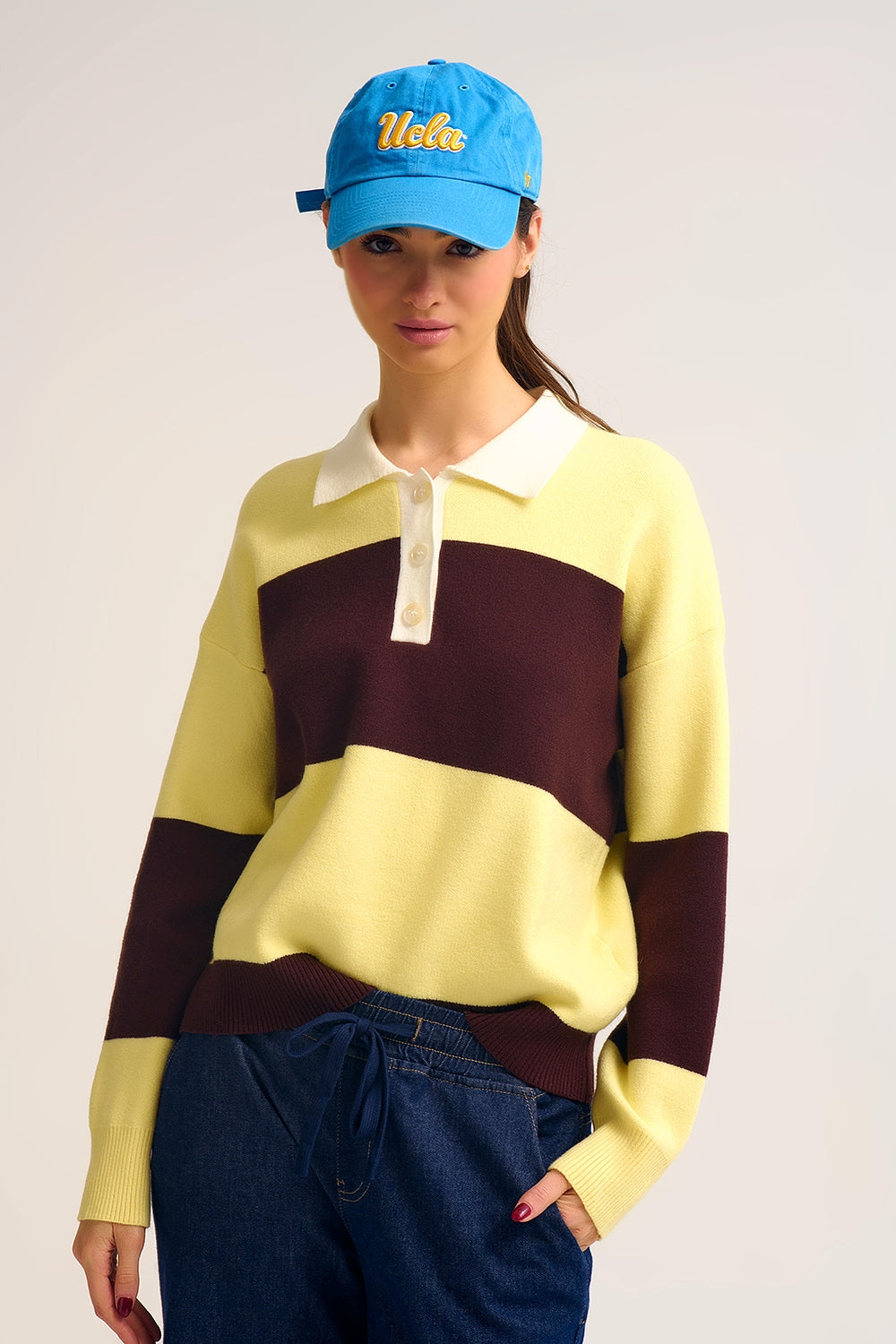 Yellow Knit Polo Sweater with Brown Stripes - Polos