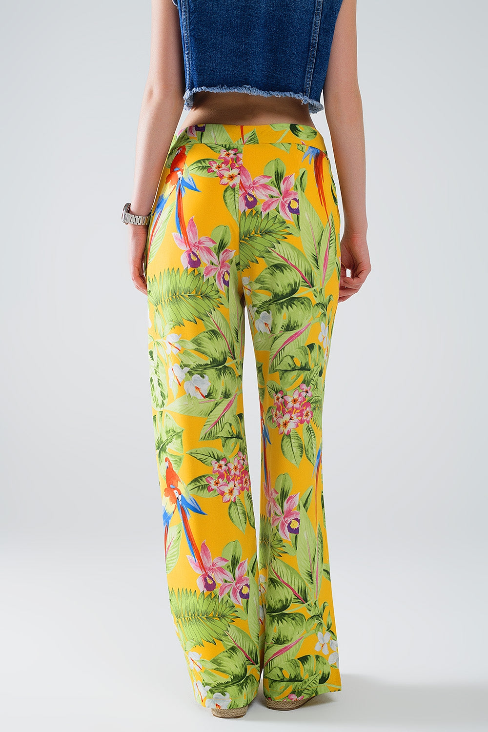 Yellow Pants with Tropical Print with Zip Side - Trousers