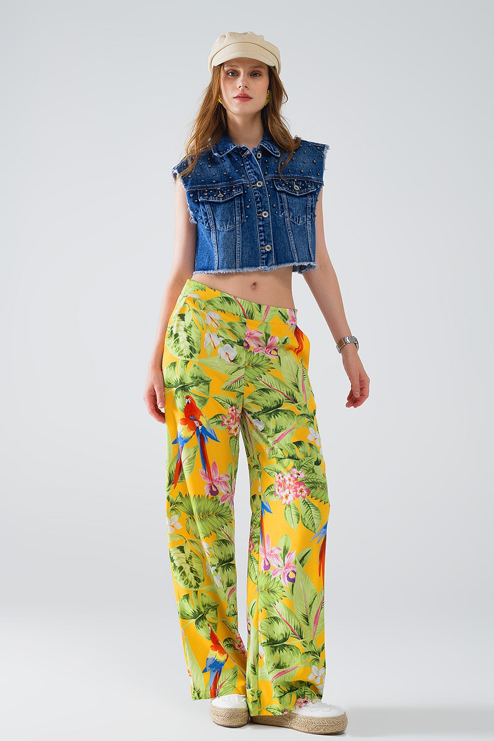 Yellow Pants with Tropical Print with Zip Side - Trousers