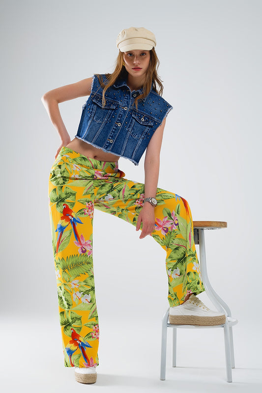 Yellow Pants with Tropical Print with Zip Side - Trousers
