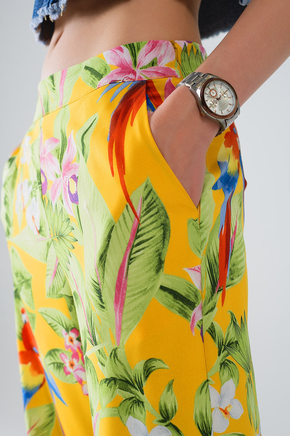 Yellow Pants with Tropical Print with Zip Side - Trousers