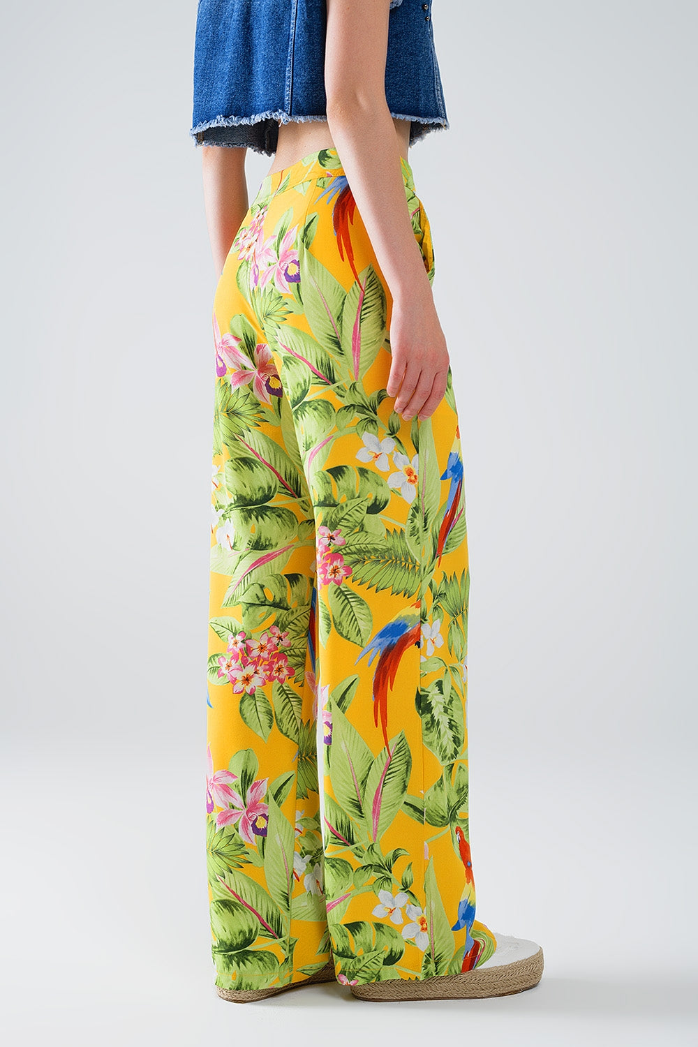 Yellow Pants with Tropical Print with Zip Side - Trousers