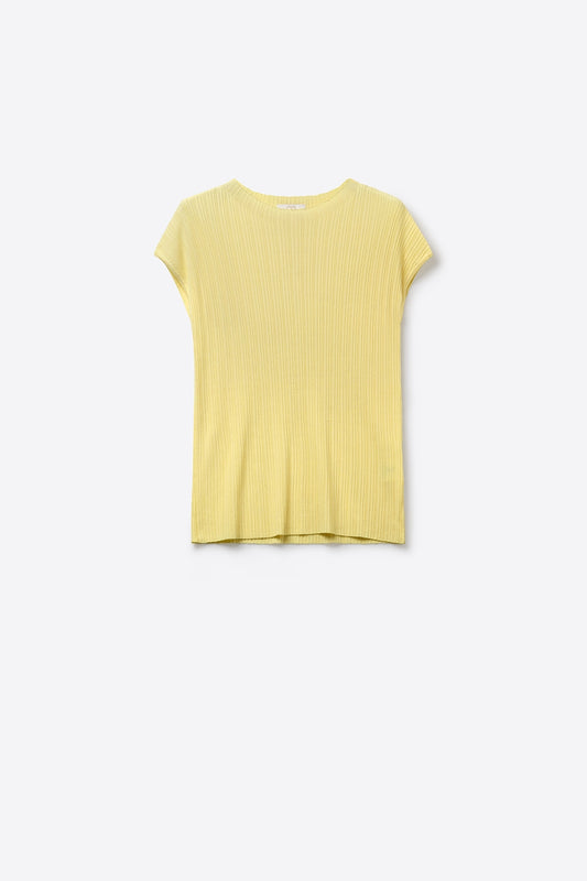 Yellow Ribbed Knit Relaxed Fit Short Sleeve Top -
