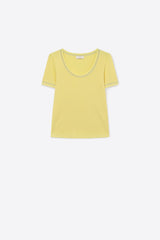 Yellow Ribbed Knit Scoop Neck sweater with shiny lurex trim