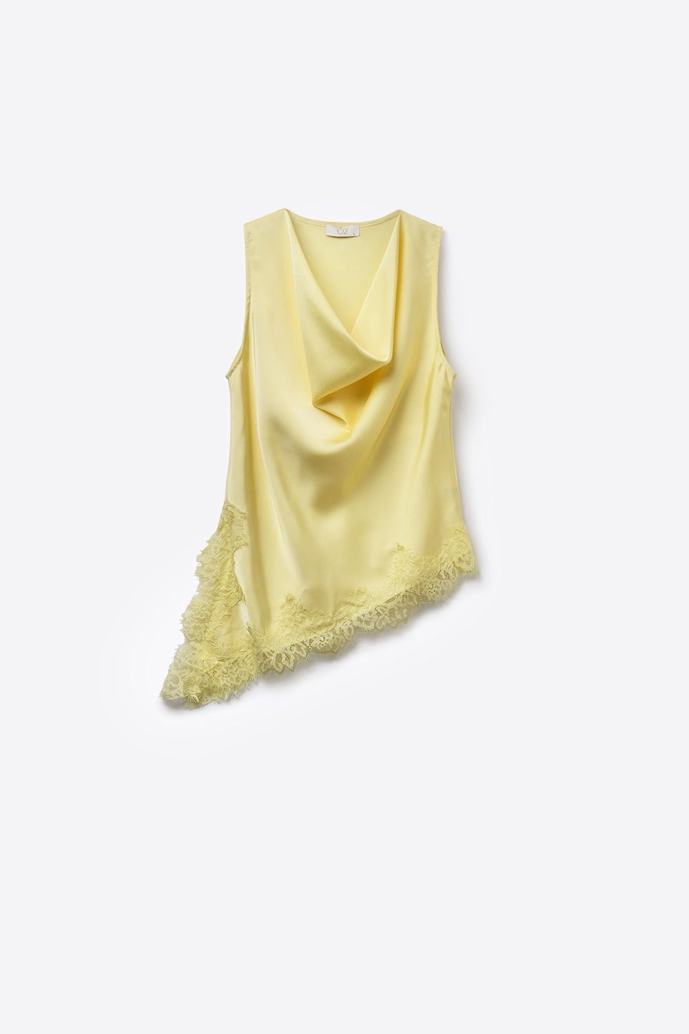 Yellow Satin Sleeveless Top with Lace Trim - Tops