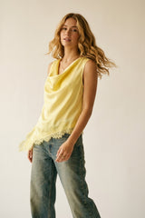 Yellow Satin Sleeveless Top with Lace Trim