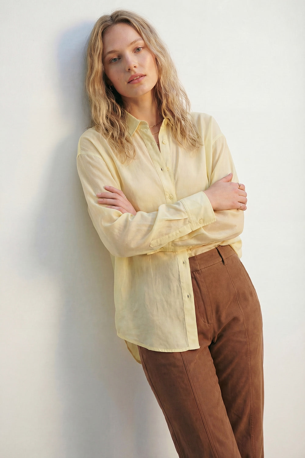 Yellow shiny satin shirt Button-Down Shirt with Relaxed Fit - Shirts