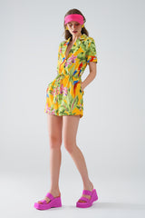 Yellow Short Jumpsuit with Tropical Print and Drawstring Closure