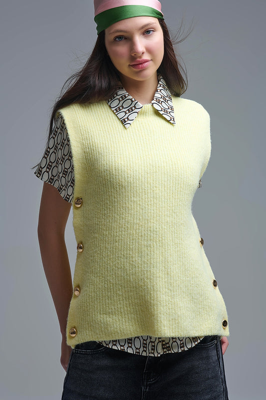 Yellow sleeveless sweater with gold buttons on side - Sweaters