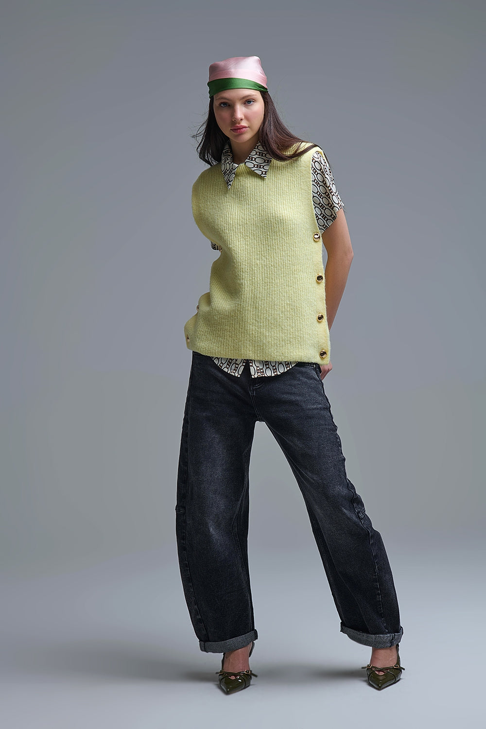 Yellow sleeveless sweater with gold buttons on side - Sweaters