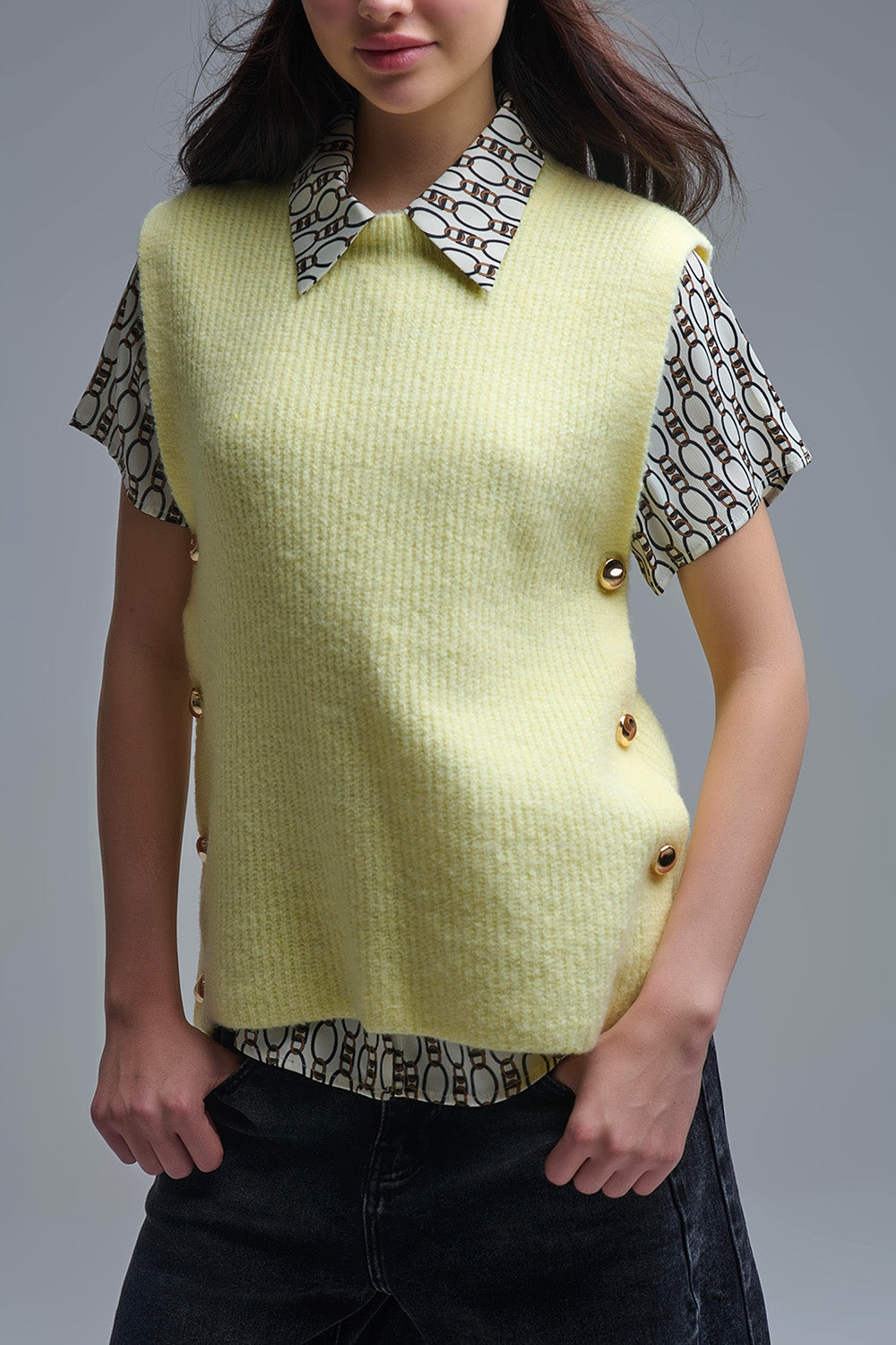 Yellow sleeveless sweater with gold buttons on side - Sweaters