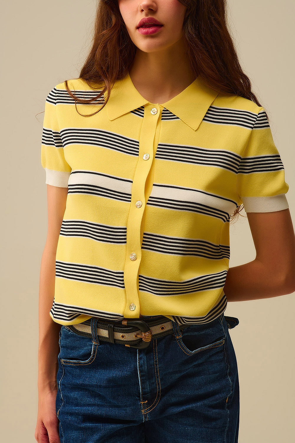 Yellow Striped Button-Up Polo - Sweaters