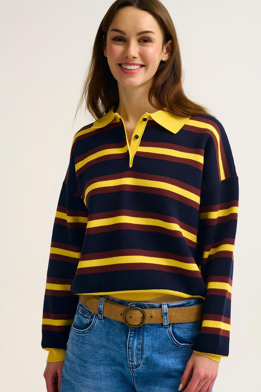 Yellow Striped Knit Polo Sweater with Relaxed Fit - Sweaters