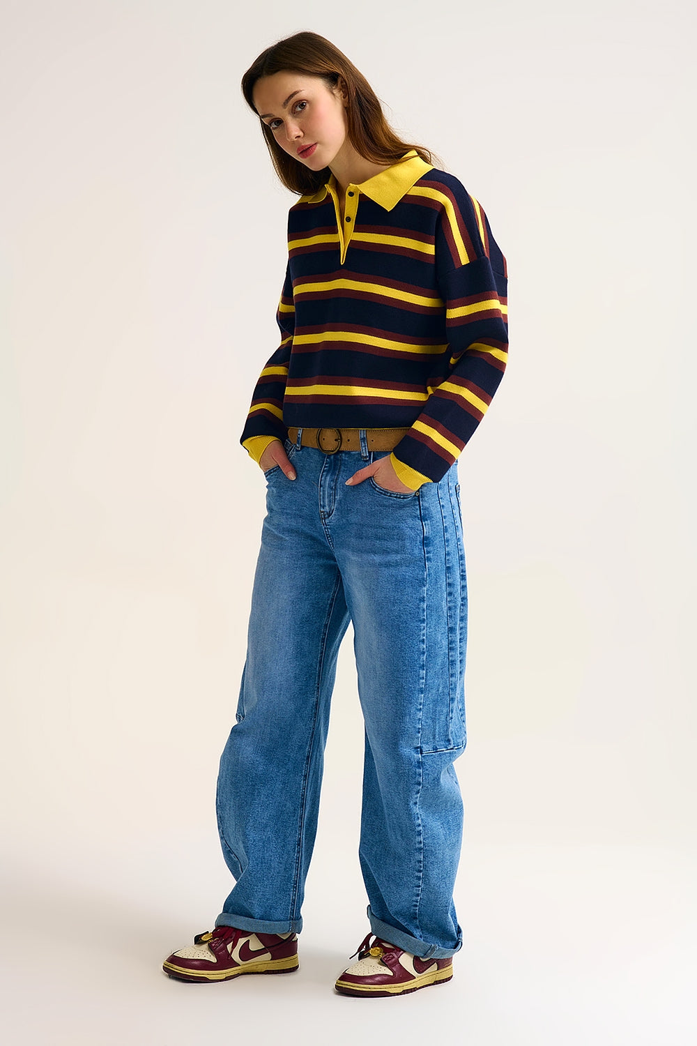 Yellow Striped Knit Polo Sweater with Relaxed Fit - Sweaters