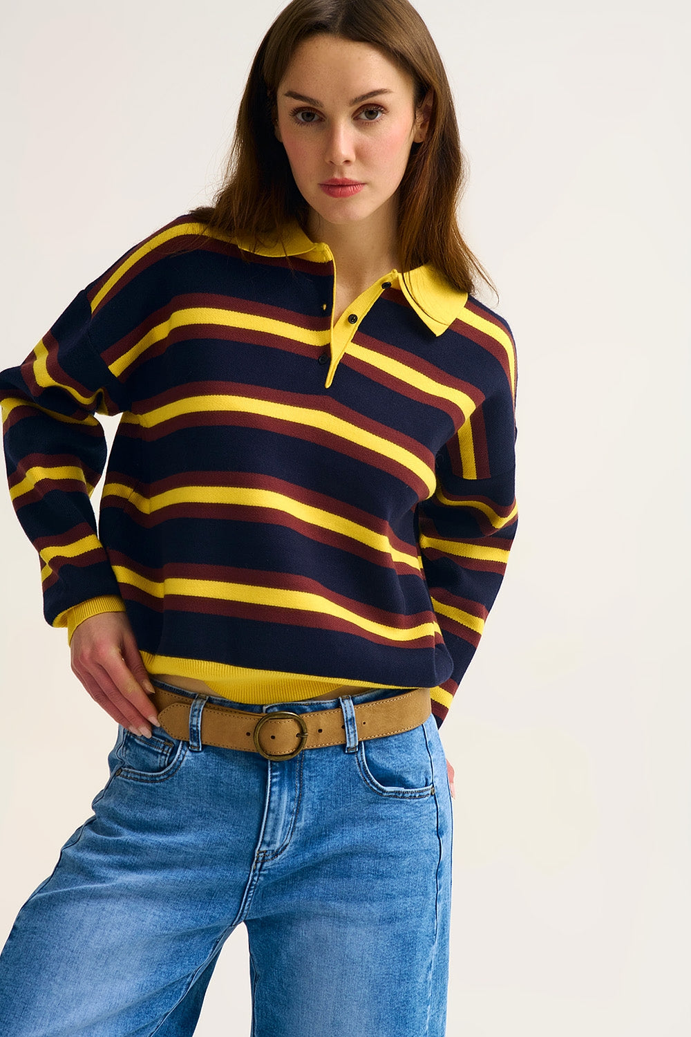 Yellow Striped Knit Polo Sweater with Relaxed Fit - Sweaters