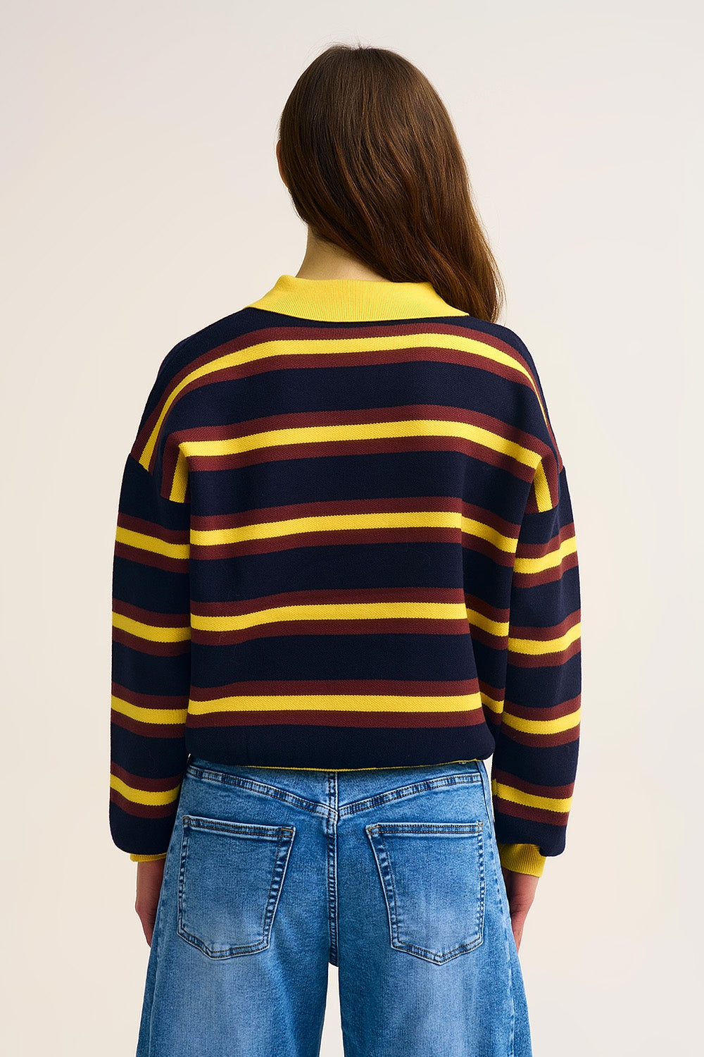 Yellow Striped Knit Polo Sweater with Relaxed Fit - Sweaters