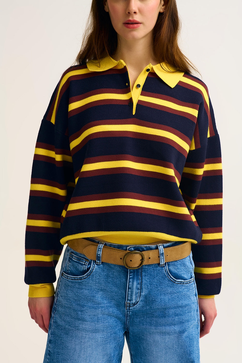 Yellow Striped Knit Polo Sweater with Relaxed Fit - Sweaters