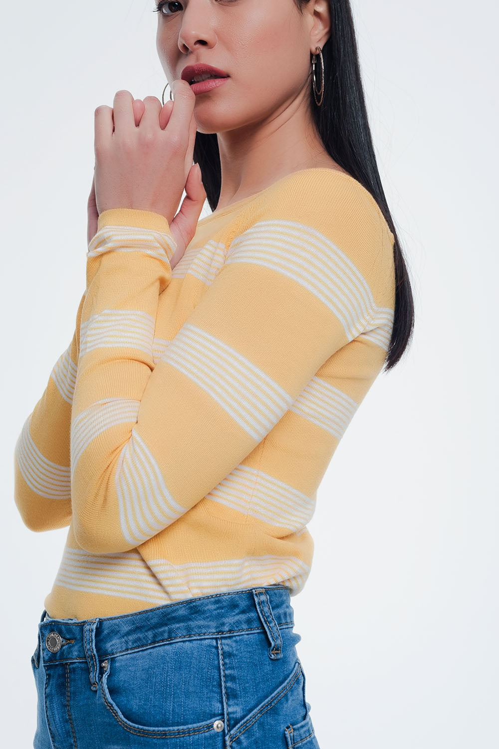 yellow striped sweater with boat neck - Jumpers