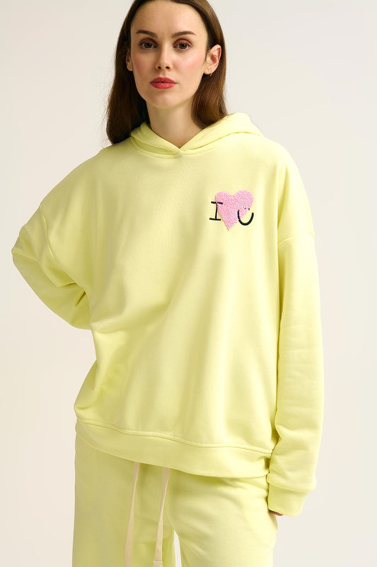 Yellow Super-Soft Hoodie with Bouclé Heart Graphic - Sweaters