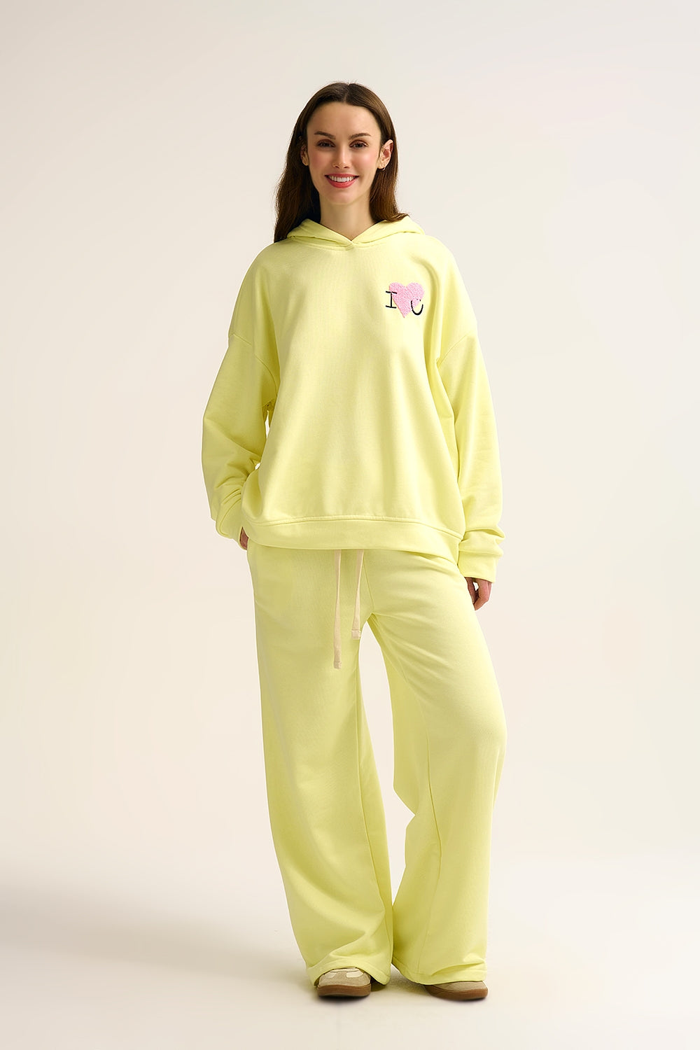 Yellow Super-Soft Hoodie with Bouclé Heart Graphic - Sweaters