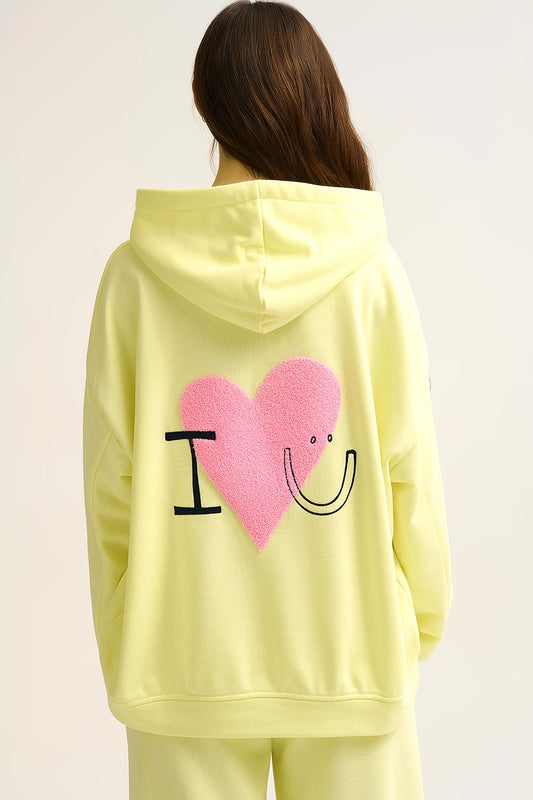 Yellow Super-Soft Hoodie with Bouclé Heart Graphic - Sweaters