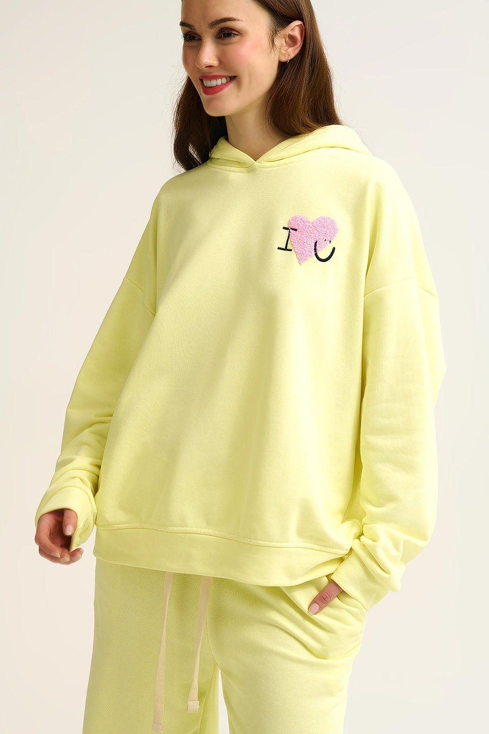 Yellow Super-Soft Hoodie with Bouclé Heart Graphic - Sweaters