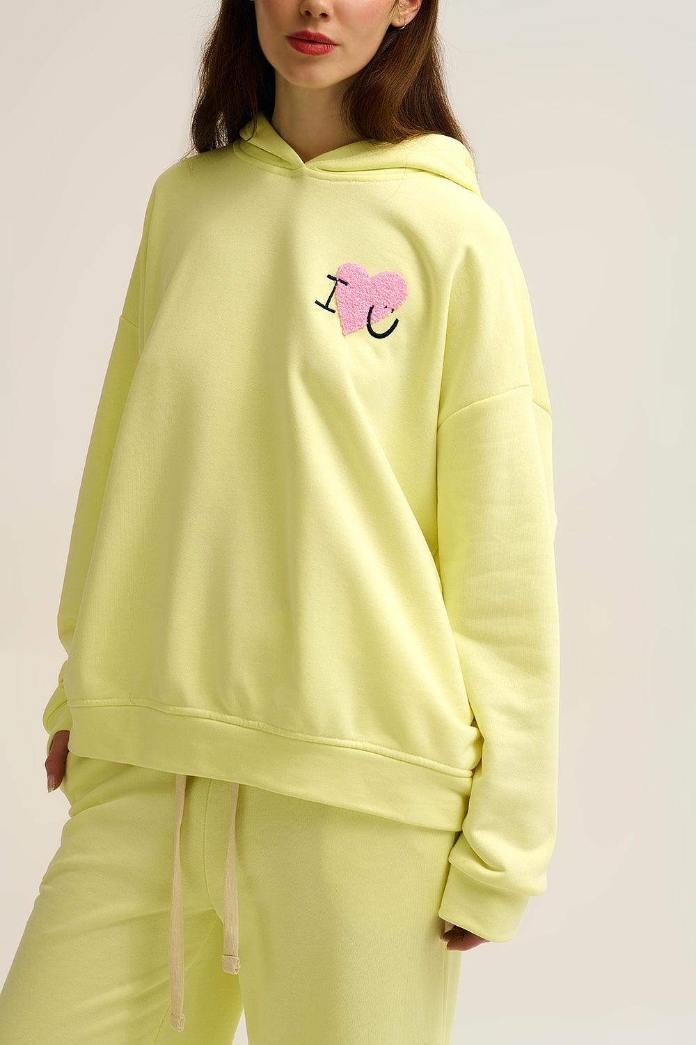 Yellow Super-Soft Hoodie with Bouclé Heart Graphic - Sweaters