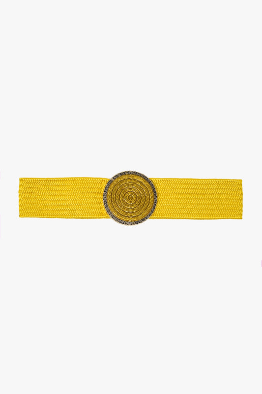 Yellow woven belt with round buckle with rhinestones - Belts