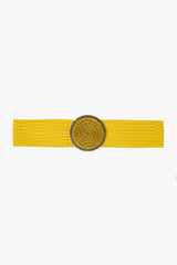 Yellow woven belt with round buckle with rhinestones