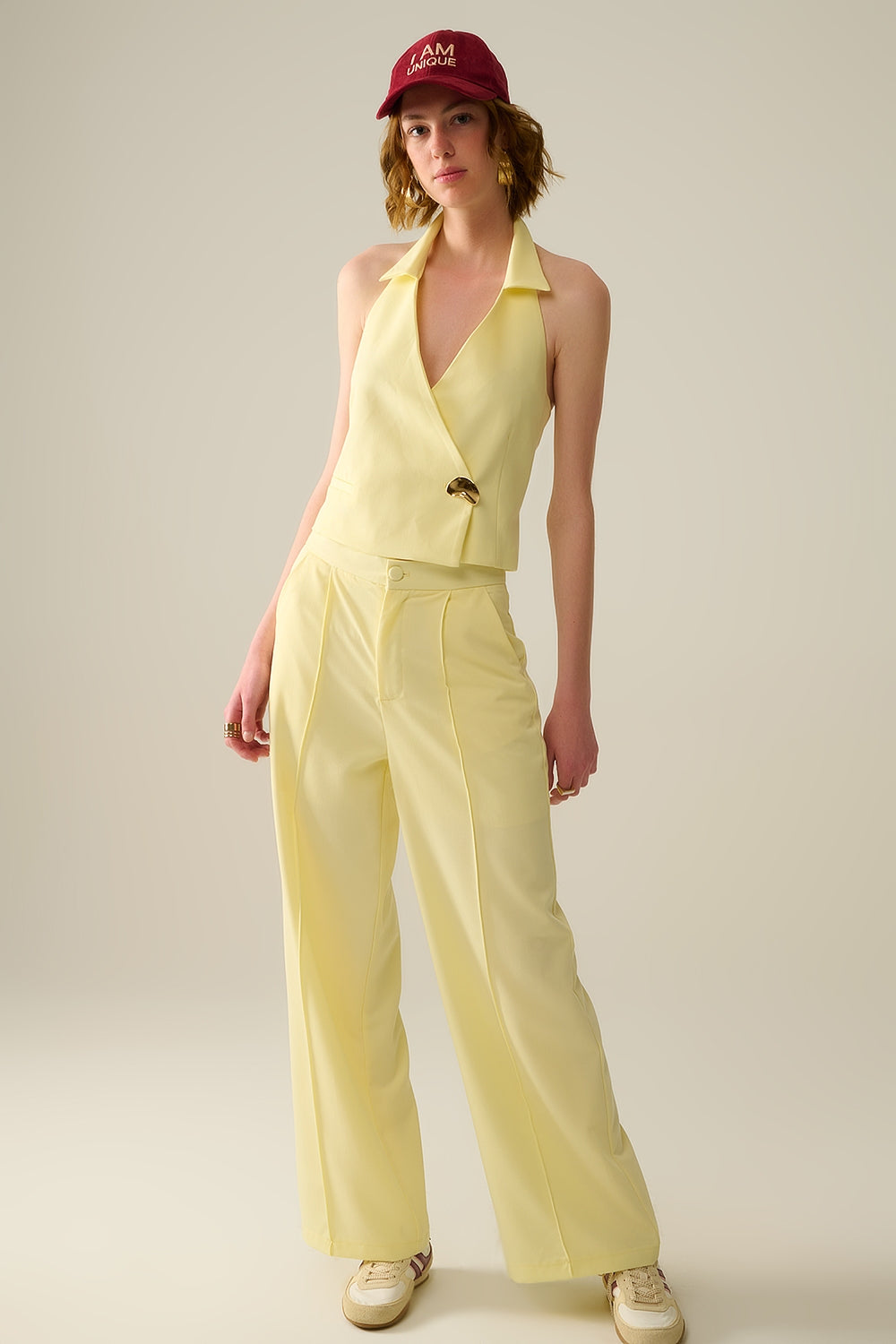 Yellow wrap vest with detailed gold button - Vests
