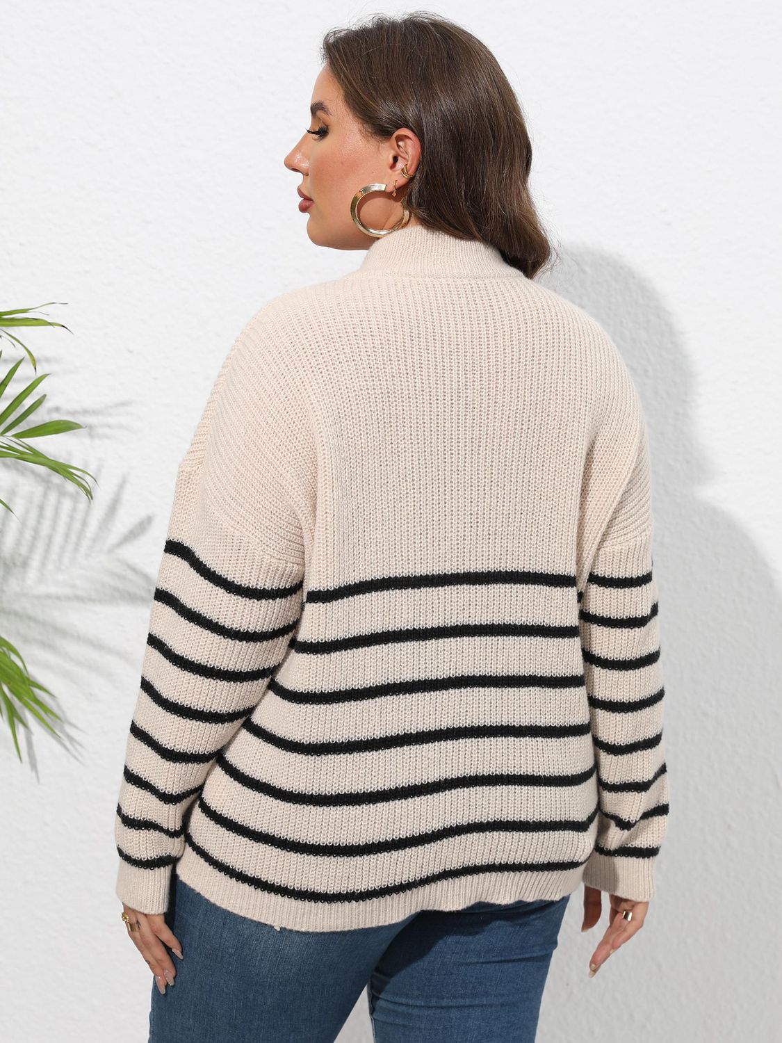 Zip-Up Striped Sweater with Heart Detail - Sweaters