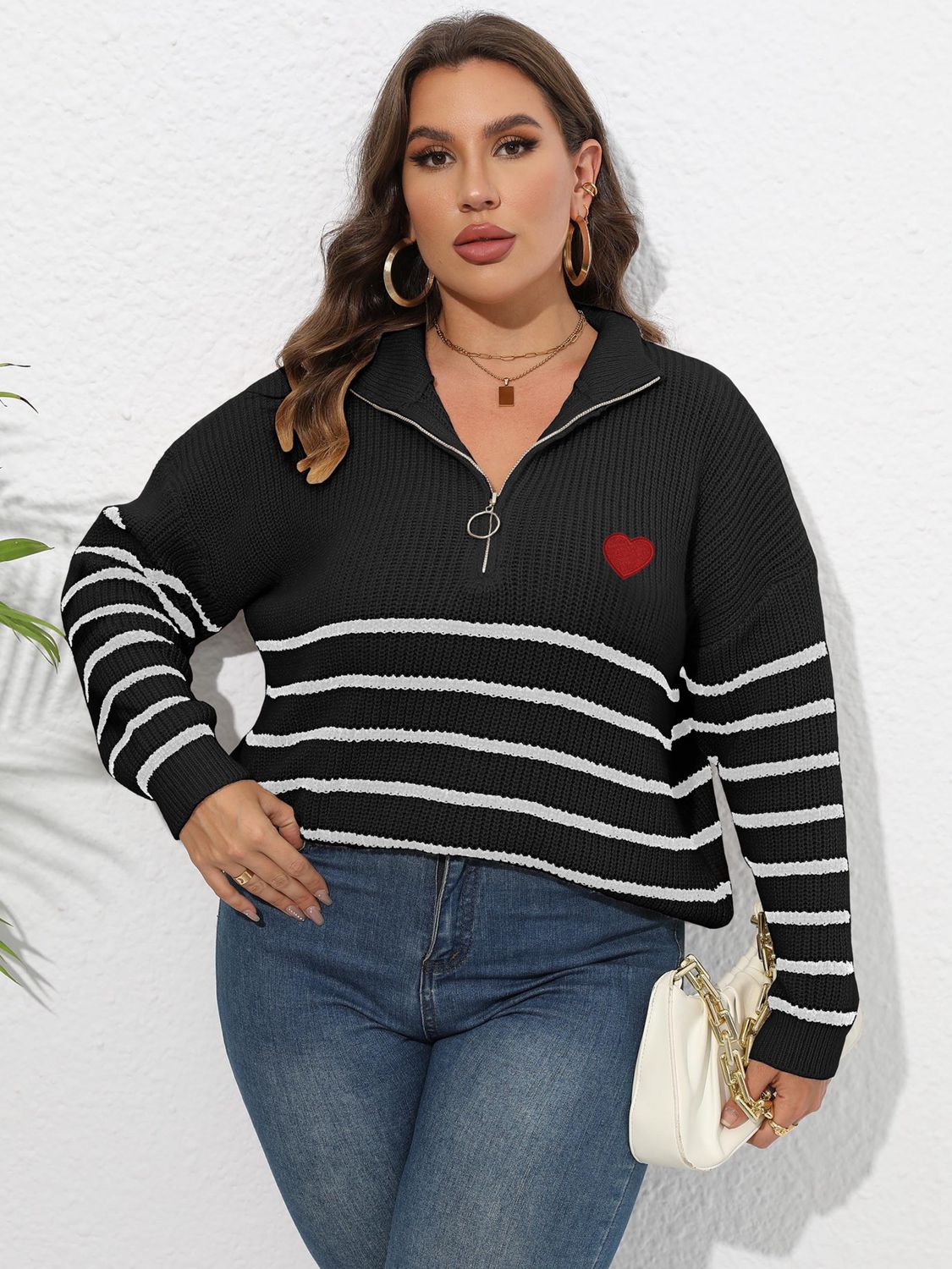 Zip-Up Striped Sweater with Heart Detail Black - Sweaters