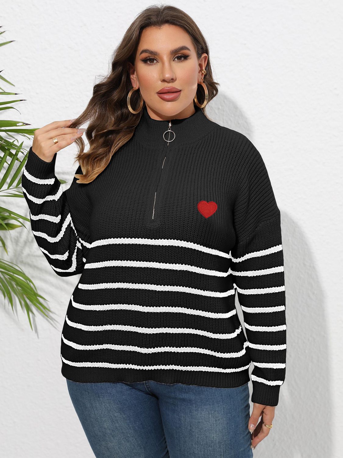 Zip-Up Striped Sweater with Heart Detail - Sweaters