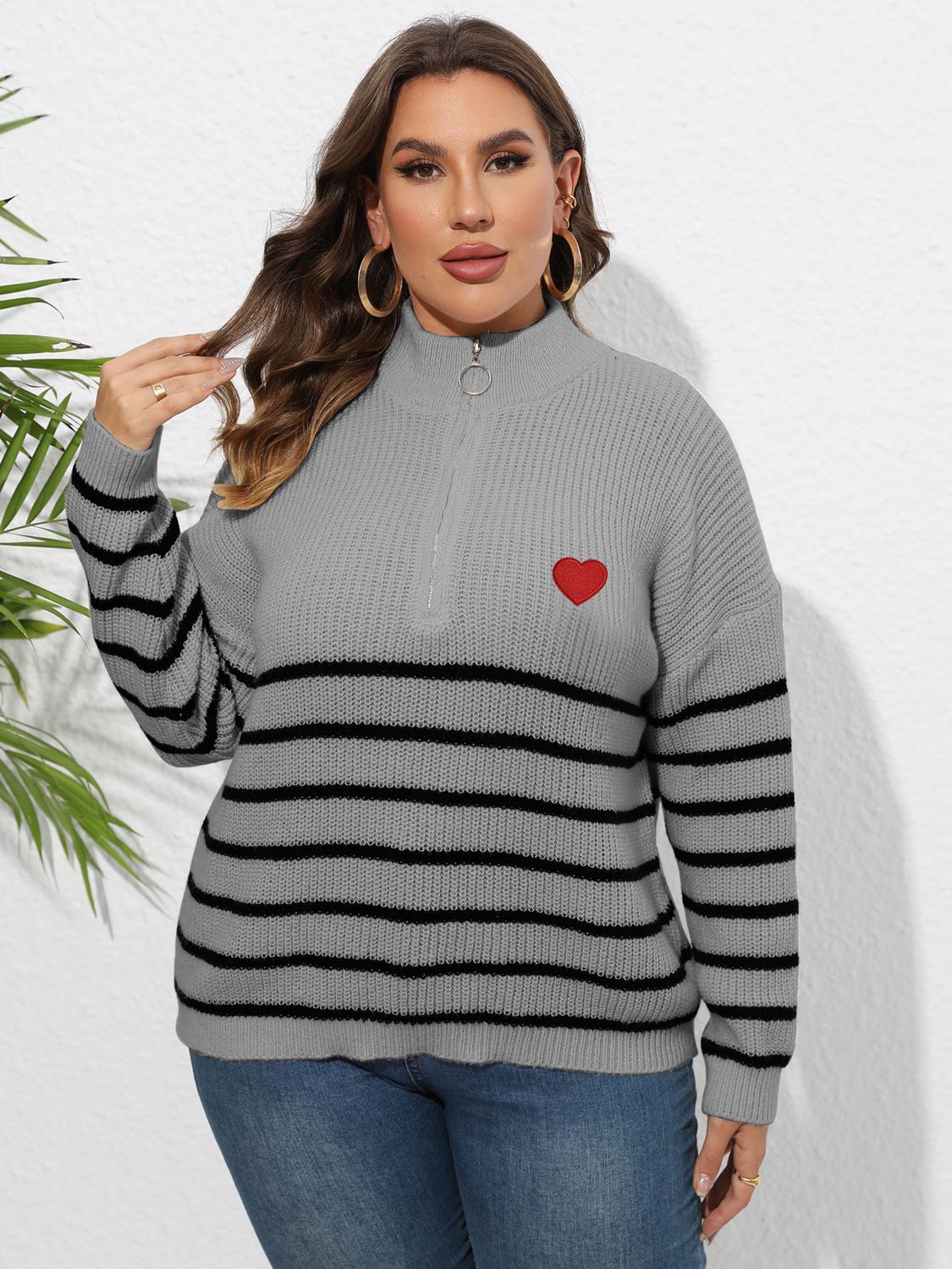 Zip-Up Striped Sweater with Heart Detail - Sweaters