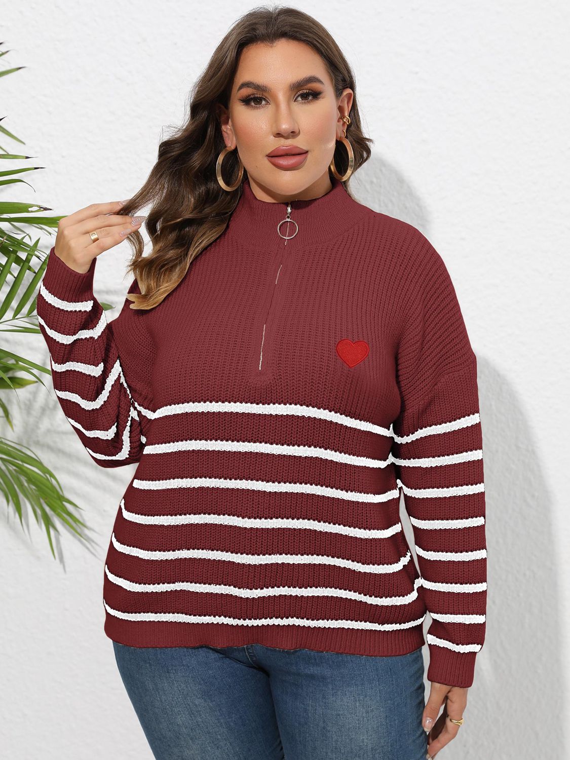 Zip-Up Striped Sweater with Heart Detail Burgundy - Sweaters