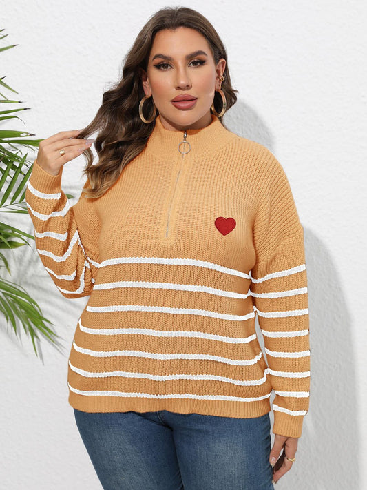 Zip-Up Striped Sweater with Heart Detail Tangerine - Sweaters
