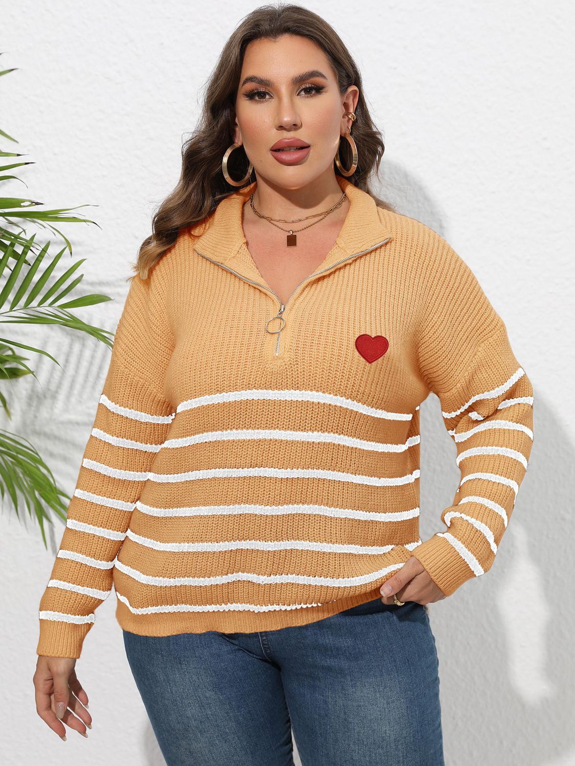 Zip-Up Striped Sweater with Heart Detail - Sweaters