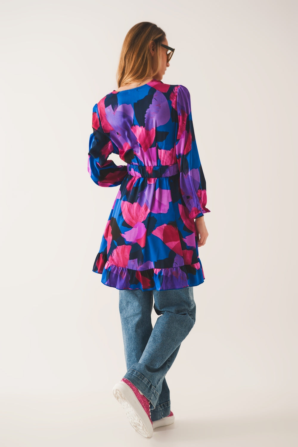 Belted Dress in Purple Floral Print for Women - Dresses
