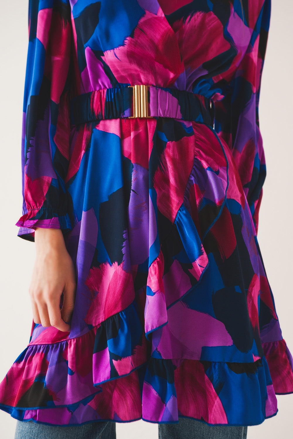 Belted Dress in Purple Floral Print for Women - Dresses
