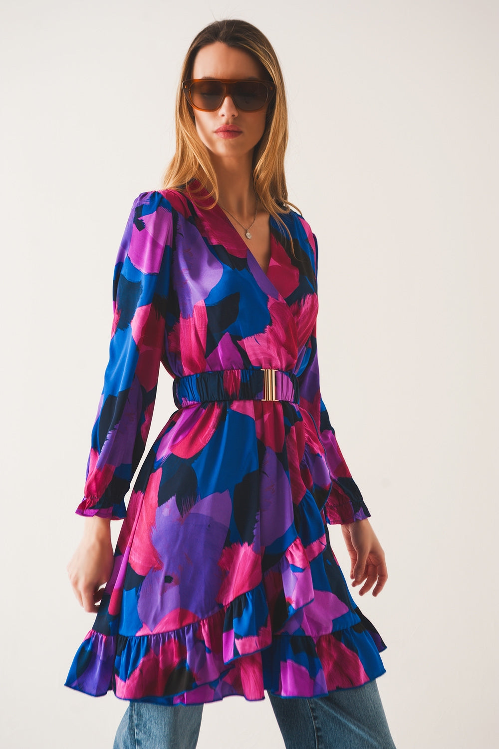 Belted Dress in Purple Floral Print for Women - Dresses