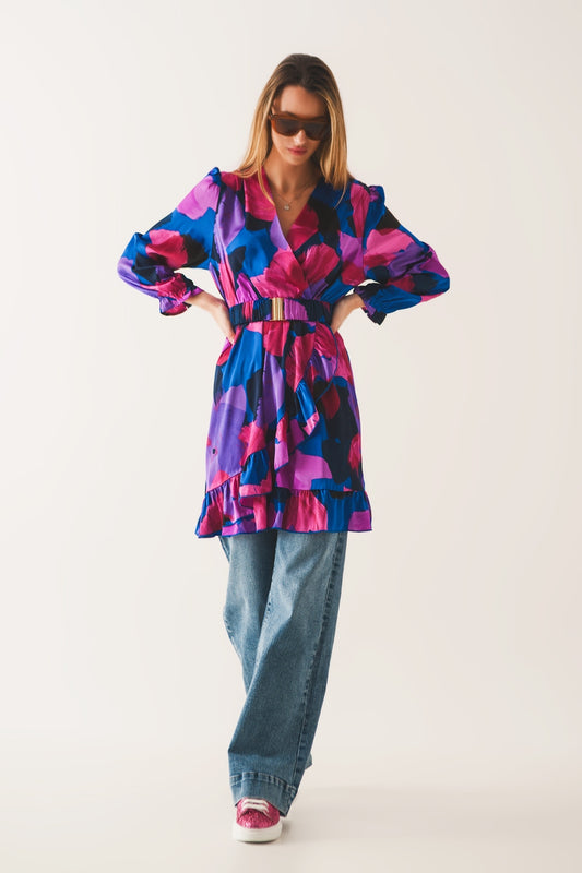 Belted Dress in Purple Floral Print for Women - Dresses
