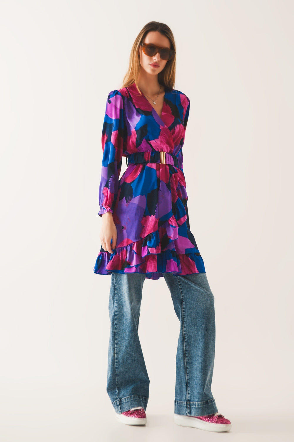 Belted Dress in Purple Floral Print for Women - Dresses